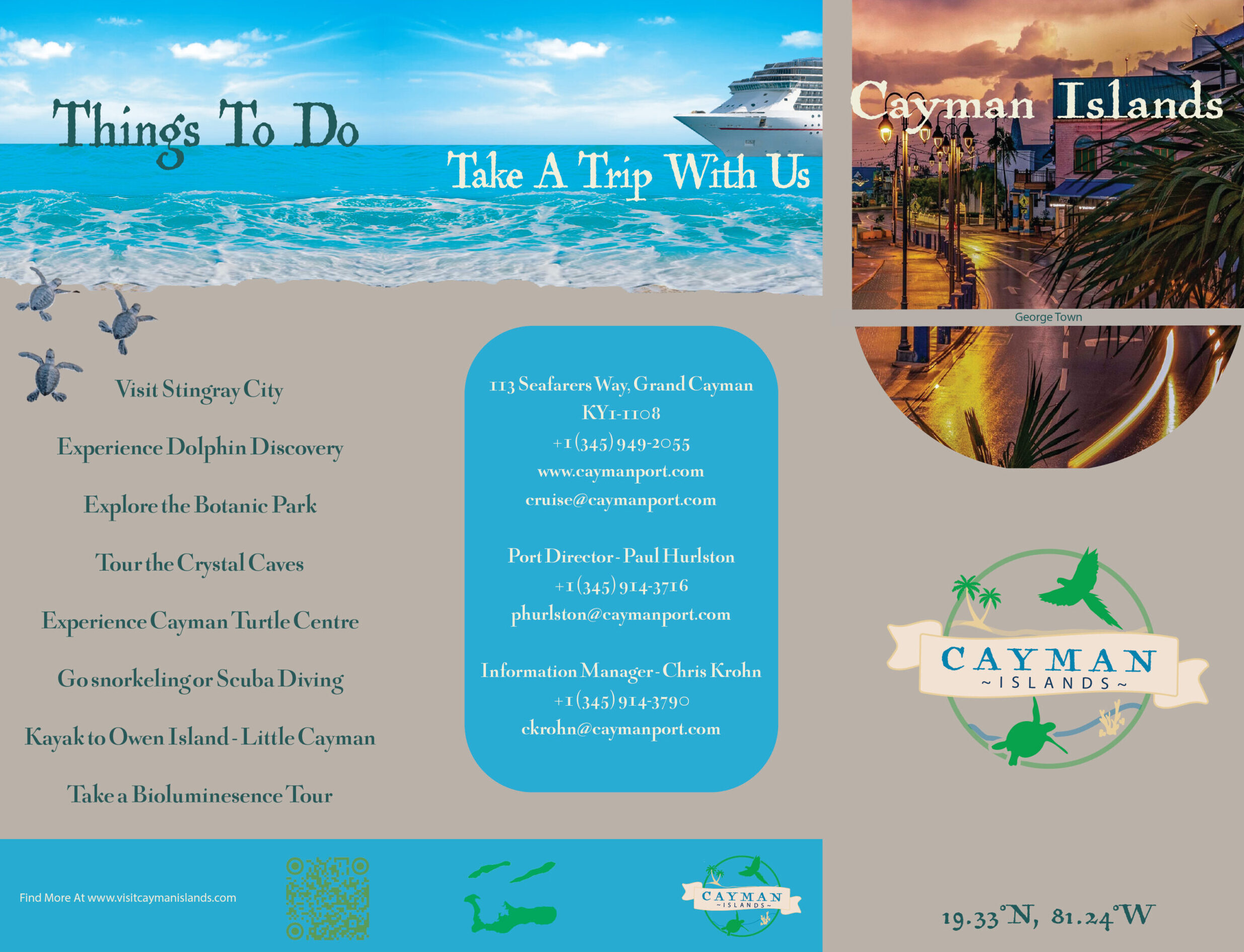Cayman Islands brochure front panel listing "Things To Do," contact info, and coordinates $19.33^\circ \text{N}, 81.24^\circ \text{W}$.
